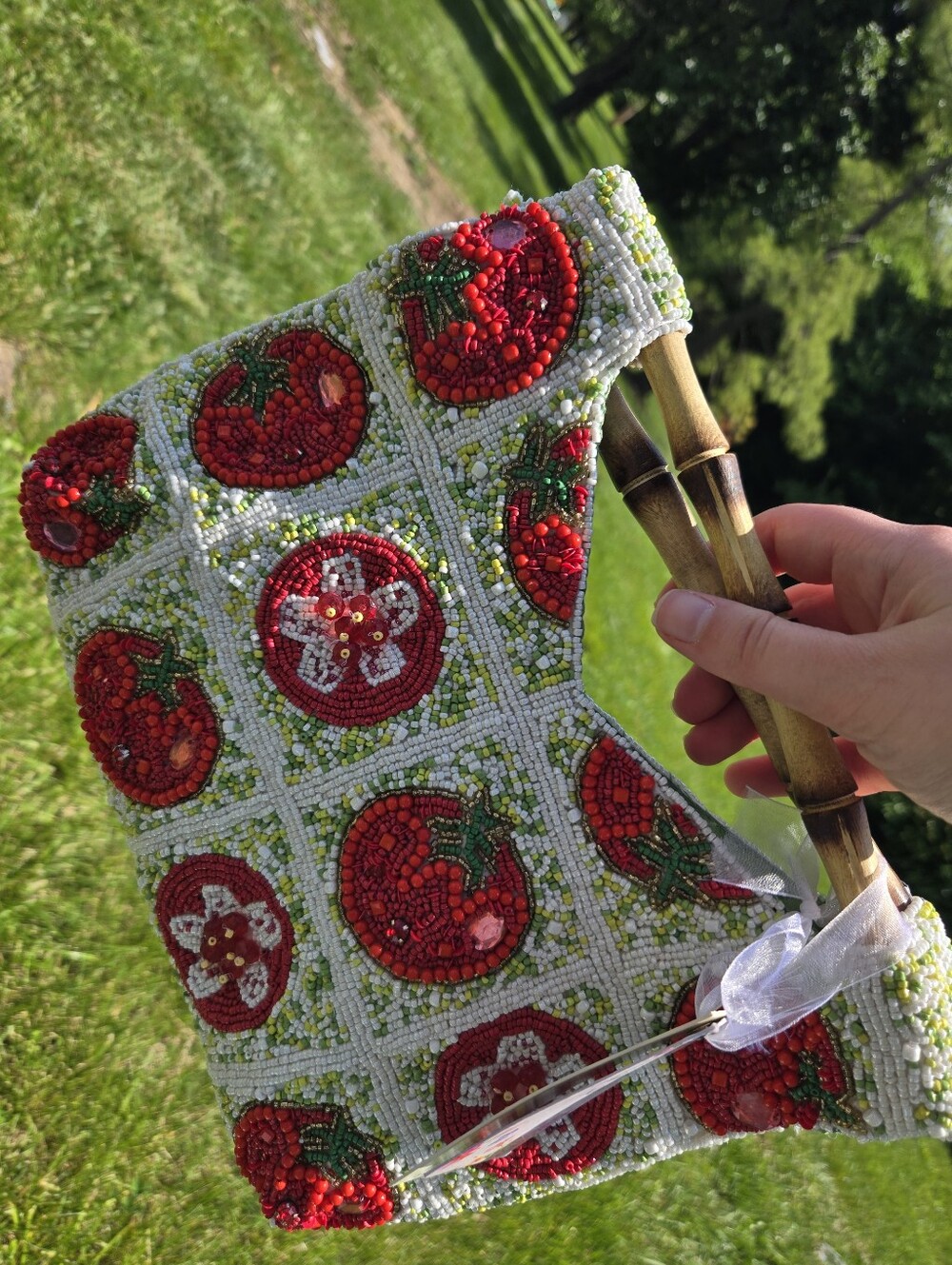 Trending Summer Beaded Red Tomato Mosaic Handbag with Bamboo Handles